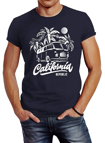 Neverless Herren T-Shirt California Surf Retro Bus Abenteuer Urlaub Palmen Slim Fit