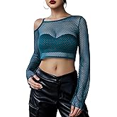 Avidlove Mesh Crop Tops for Women Long Sleeve Fishnet Shirt See Through Tops Rave Outfits Party Clubwear