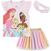 Disney Princess Moana Frozen Girls Short Sleeve Shirt and Tulle Skirt with Headband Set for Toddler and Big Kids
