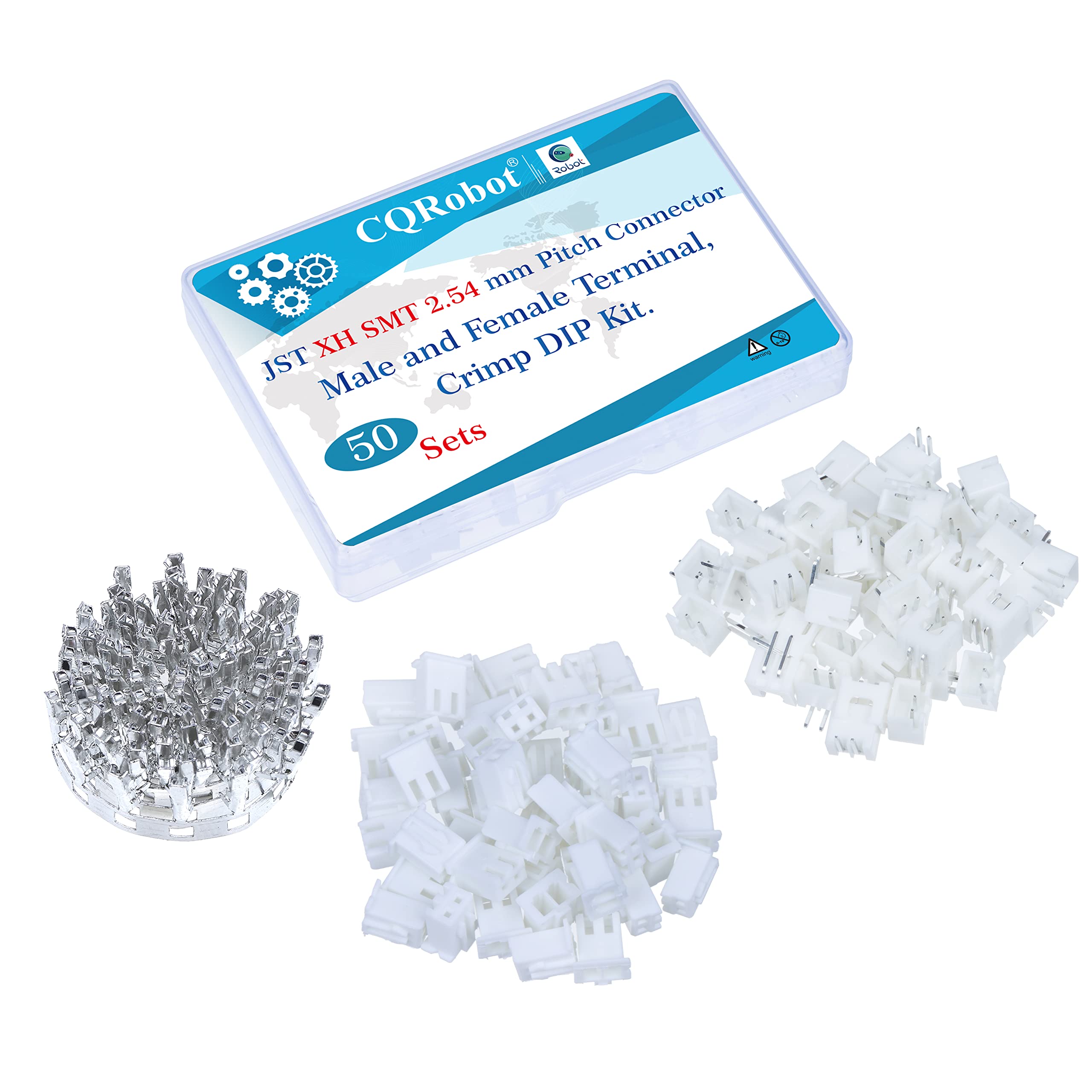 CQRobot JST XH SMD 2.54 mm Pitch 2-Pin Electronic Computer Connector IC Male Plugs, Female Sockets Housing and T-Shaped Crimp Terminal Kit. 50 Sets/200 Pieces Wire-to-Board Adapter Cable Assembly.