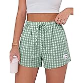 Quenteen Women's Boxer Shorts Summer Gingham Striped Drawstring Plaid Lounge Shorts Y2K Beach Bottoms