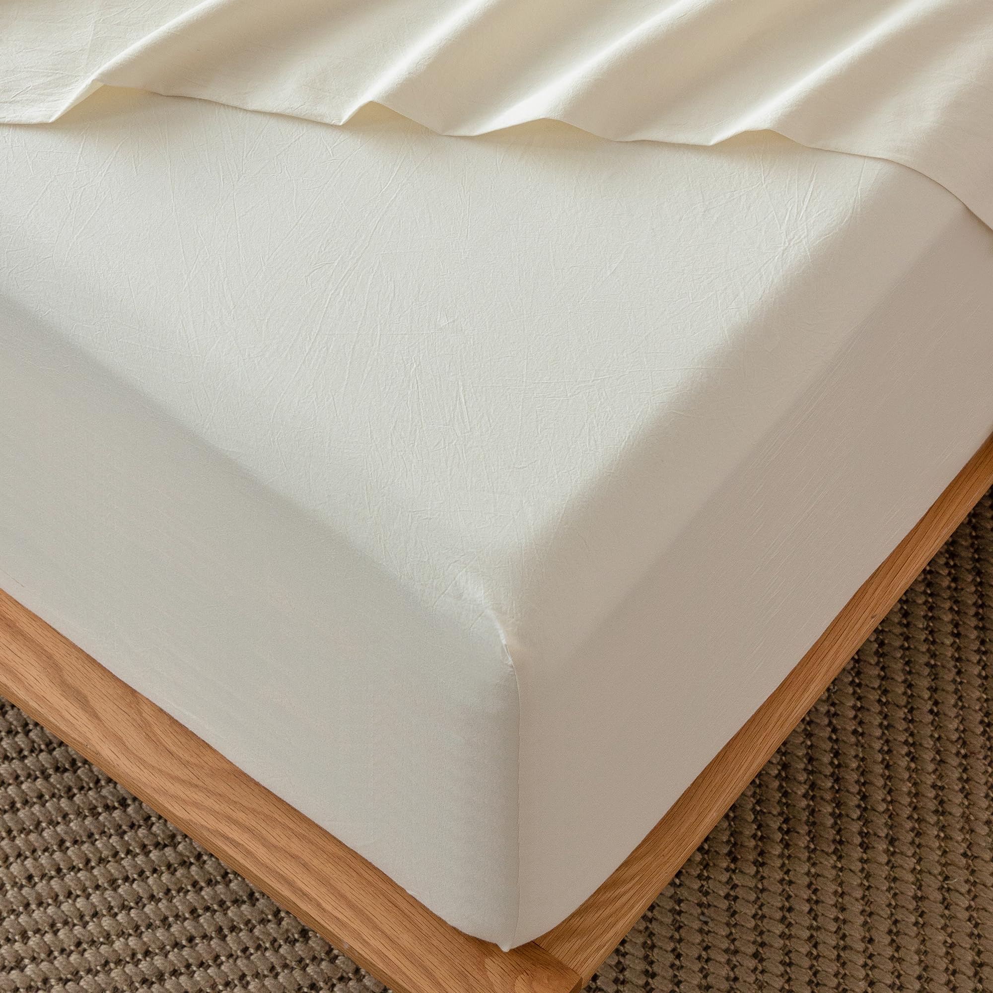 Photo 1 of MooMee Fitted Bottom Sheet Only 100% Washed Cotton Linen Like Textured Breathable Durable Soft Comfy Deep Pocket Fits Mattress up to 17" (Cream White, Queen)