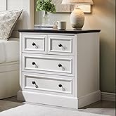 ACCOHOHO Farmhouse Nightstand with 4 Drawers, 26 inch Wide End Table with Storage, Modern Nightstand with Charging Station for Bedroom, Off White