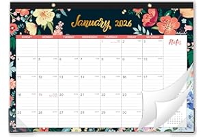 BUSHYPUSHY 2026 Desk Calendar - 12 Monthly Desk/Wall Calendar, Jan. 2026–Dec. 2026, 17" x 12", Thick Paper with Corner Protectors, Large Ruled Blocks - Floral