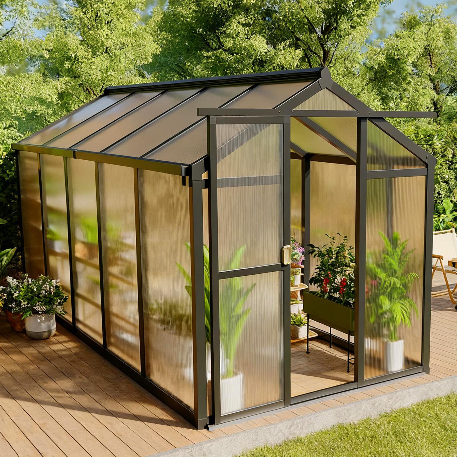 Photo 1 of 6x10 FT Greenhouse, Easy Assembly Aluminum Polycarbonate Greenhouses for Outdoors with Roof Vent, Large Aluminum Walk-in Greenhouse for Sunroom Patio, Backyard, Garden, Sliding Lockable Door, Black