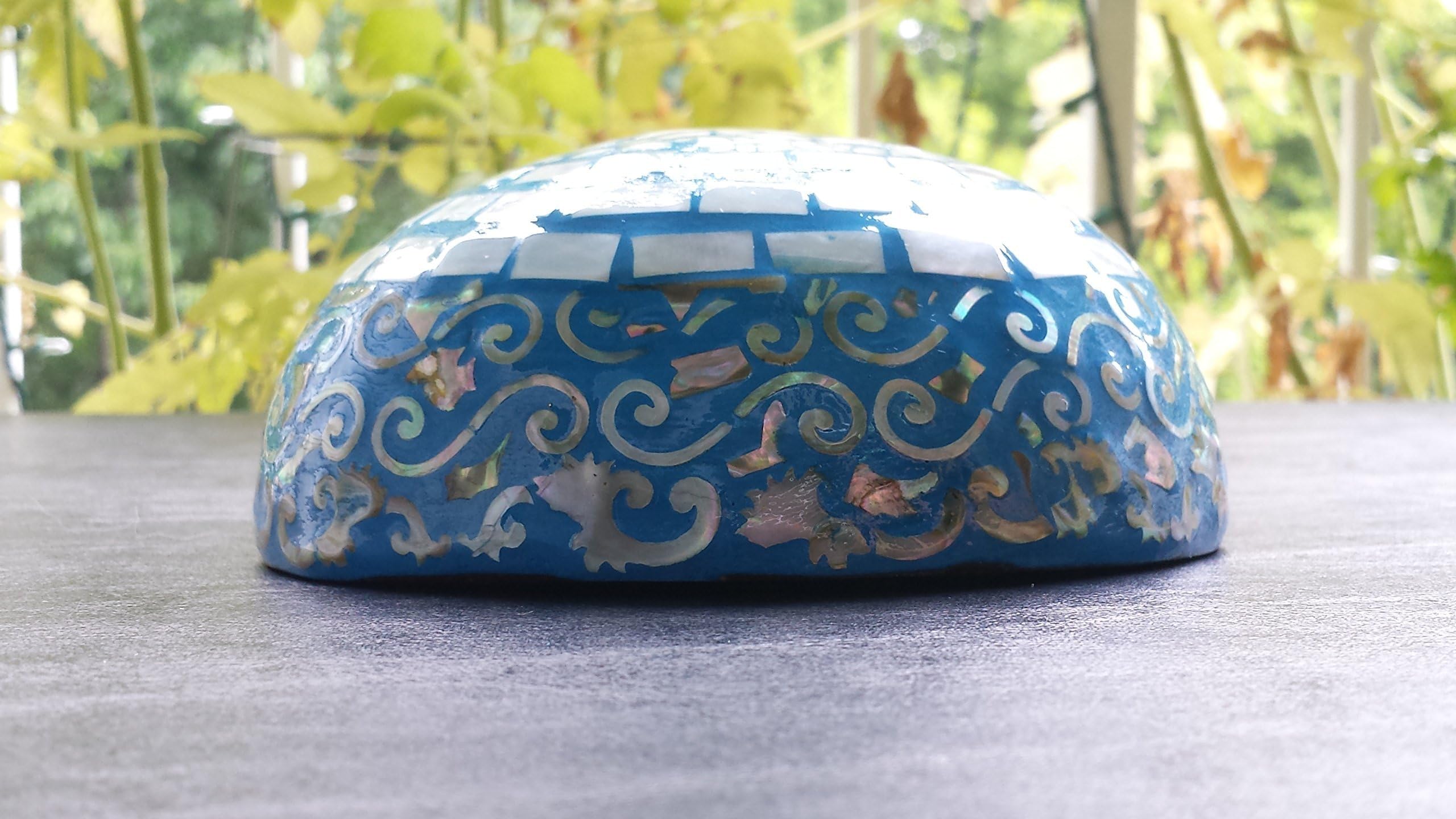 Coconut Bowl with Seashell and Eggshell Inlaid Outside - Bright Blue