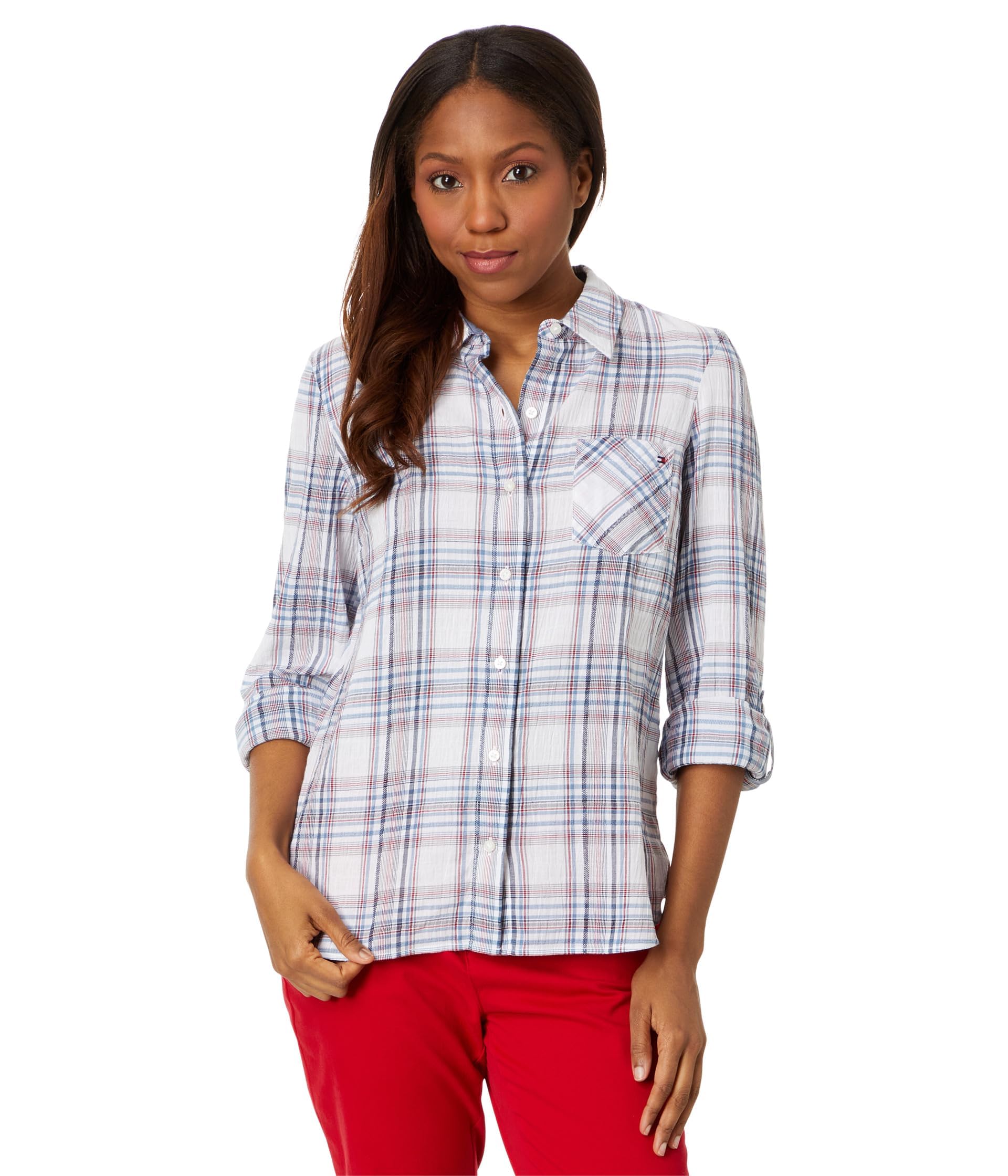 Tommy Hilfiger Women’s Sportswear Button Up Collared Shirt with Roll Tab Sleeves, Blue Multi, XXL