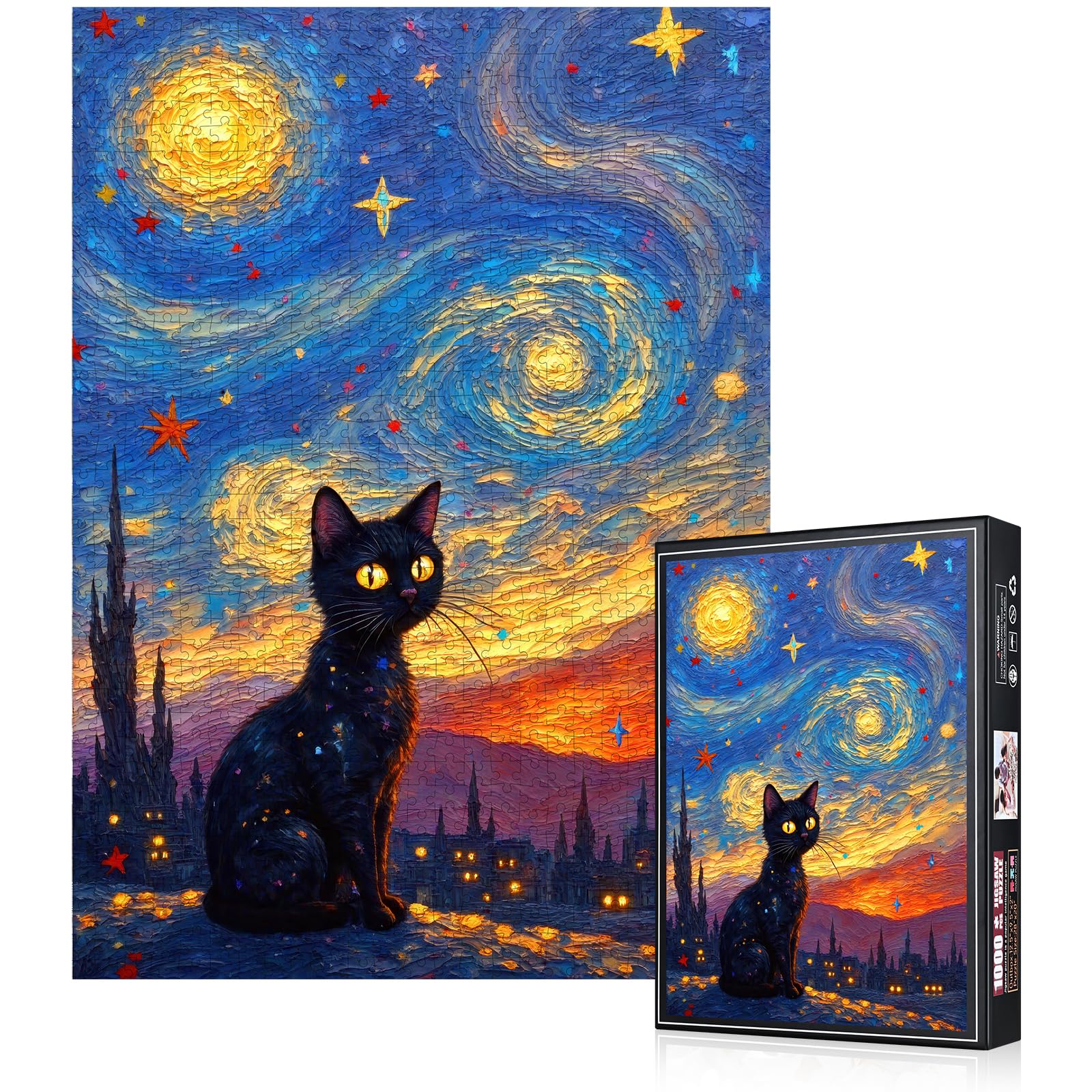 Photo 1 of 1000pcs Jigsaw Puzzle - Starry Night with Black Cat, Challenging Brain Teaser for Adults & Families, Scratch-Resistant Paper Puzzle, Ideal DIY Decor, Adult Puzzles Starry Night Design