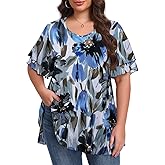 LARACE Plus Size Tops for Women Ruffle Sleeve T Shirt Summer Clothes Short Sleeve V Neck Tunic