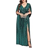 ZOMVA Plus Size Sequin Formal Dress Maxi Sparkly Glitter Cape Sleeve Prom Evening Gown Gala Dress