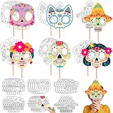 Hollowfly 30 Sets Day of The Dead DIY Mask Crafts Coloring Kit | Color Your Own Paper Mask Decoration with Sticks for Adults Home Painting Craft Activity Party Supplies
