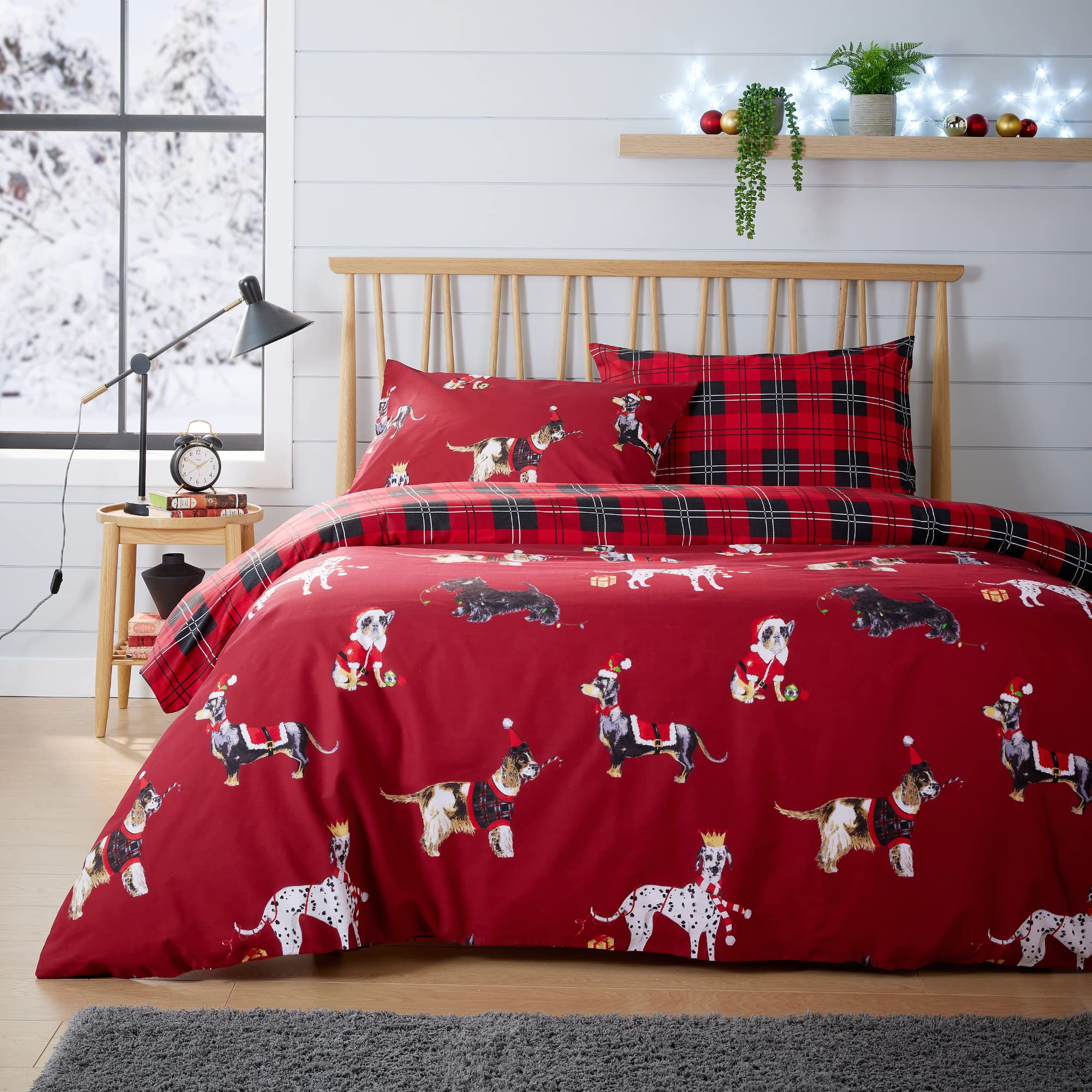 Olivia Rocco Christmas Dogs Duvet Cover Set Puppies White Grey Reversible Super Soft Easy Care Cute Animal Print Quilt Bedding Bed Sets with Pillowcase, Red King