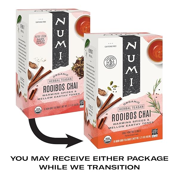 NUMI ORGANIC ROOIBOS CHAI TEA, 18 HERBAL BAGS, MICROPLASTIC FREE, RICH FLAVOR WITH CINNAMON, ALLSPICE & GINGER, CAFFEINE FREE