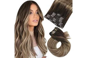 Moresoo Clip in Hair Extensions Balayage Double Weft Human Hair Clip in Extensions Ombre Dark Brown to Golden Brown with Dark Ash Blonde 16inch 7Pcs 120G