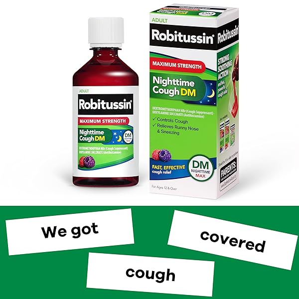 ROBITUSSIN MAXIMUM STRENGTH NIGHTTIME COUGH DM MAX, ADULT FORMULA, BERRY FLAVOR – 8 FL OZ BOTTLE