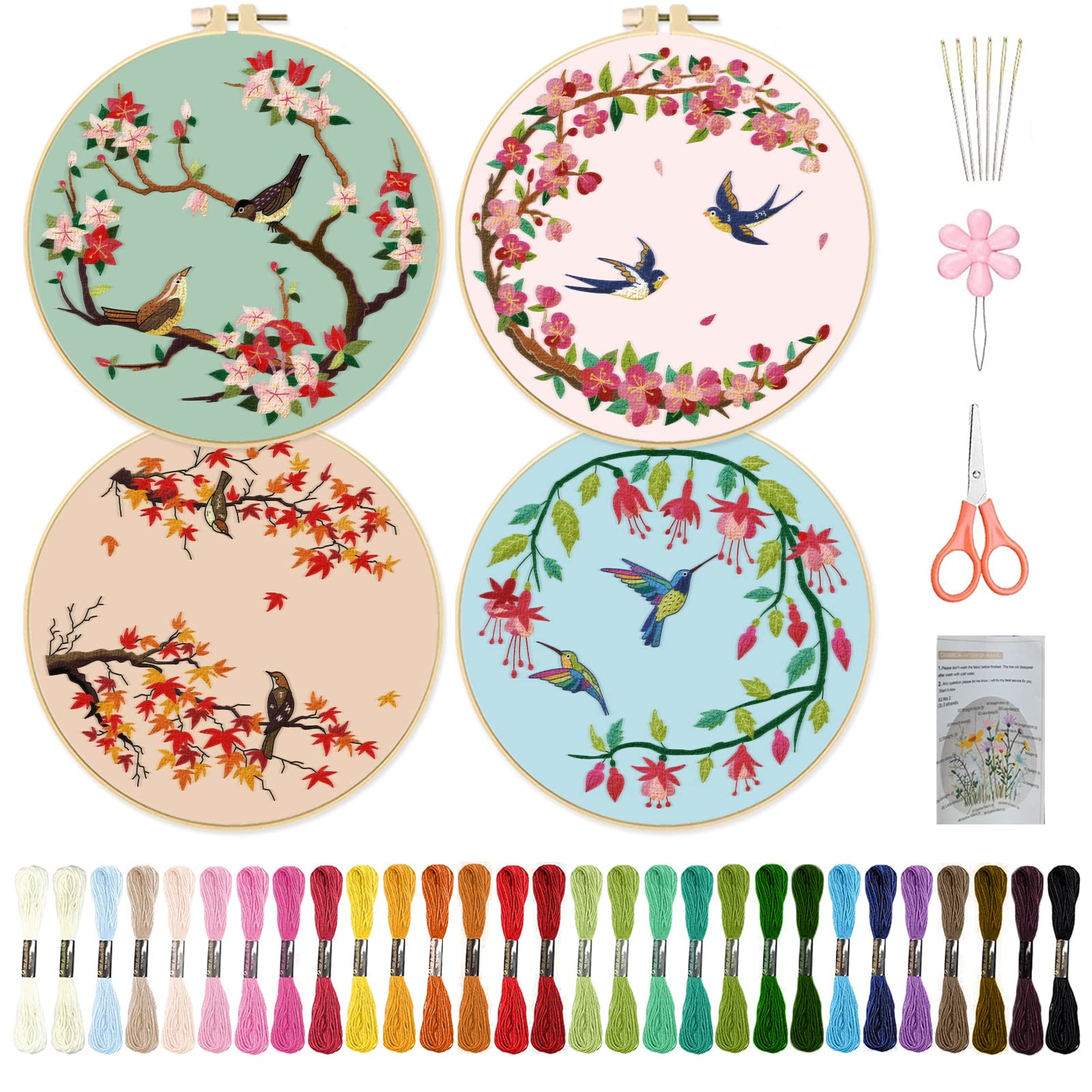 ORIGACH 4 Pcs Spring Bird & Flower Embroidery Starter Kit for Beginners, Cherry Blossom Hummingbird Embroidery Stitch Practice Kit Includes Cloth, Hoops, Threads & Needles