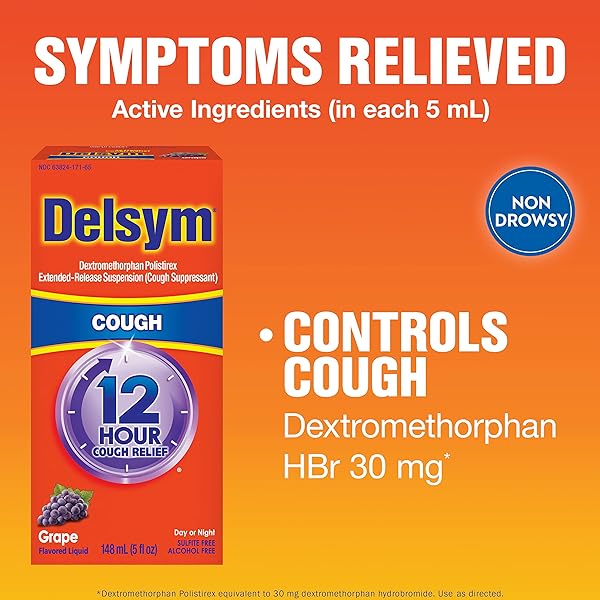 DELSYM 12 HOUR COUGH MEDICINE FOR ADULTS, POWERFUL RELIEF FOR 12 HOURS, COUGH SUPPRESSANT LIQUID WITH EXTENDED-RELEASE DEXTROMETHORPHAN, GRAPE FLAVOR LIQUID COUGH SYRUP, 5 FL OZ (PACK OF 1)