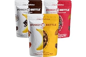 Monkey Brittle Healthy Snacks, Crispy Plant-Based Treats for Kids & Adults, Vegan & Gluten-Free, All-Natural Snack for School, Sports, Camping & On-the-Go (Pack of 3), Combo - Original + Cacao Coconut + Strawberry Banana Crunch