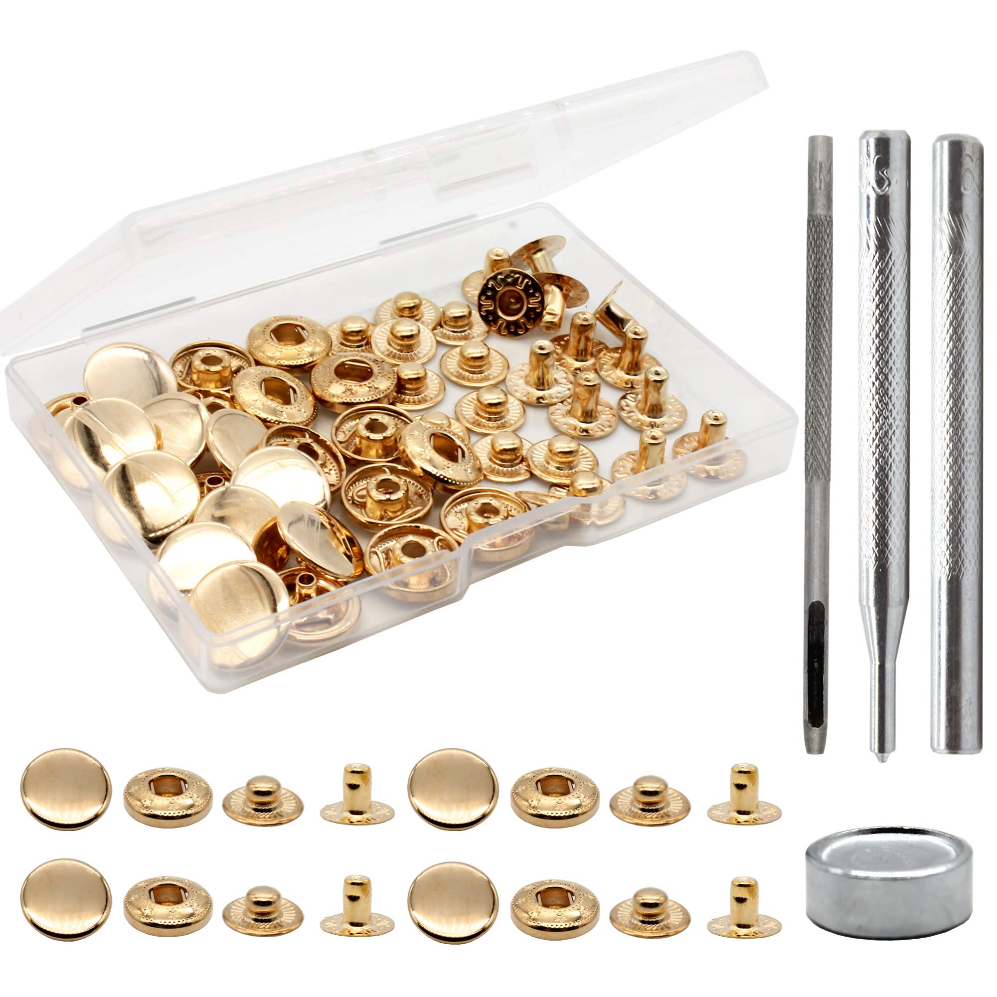 Photo 1 of *MISSING PARTS*
Raydodo 12 Set Leather Snap Fasteners Kit, 15mm Metal Snap Buttons Kit Press Studs with 4 Install Tools, Rivets and Snaps for Clothing, Jeans, Jackets, Bracelets, Bags (Gold)