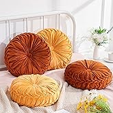Drydiet 4 Pcs Round Throw Pillows Decorative Velvet Pleated Throw Pillows 15'' Diameter Accent Pumpkin Boho Chair Cushion for Couch Sofa Chair Bed Home Decoration (Burnt Orange,Yellow)