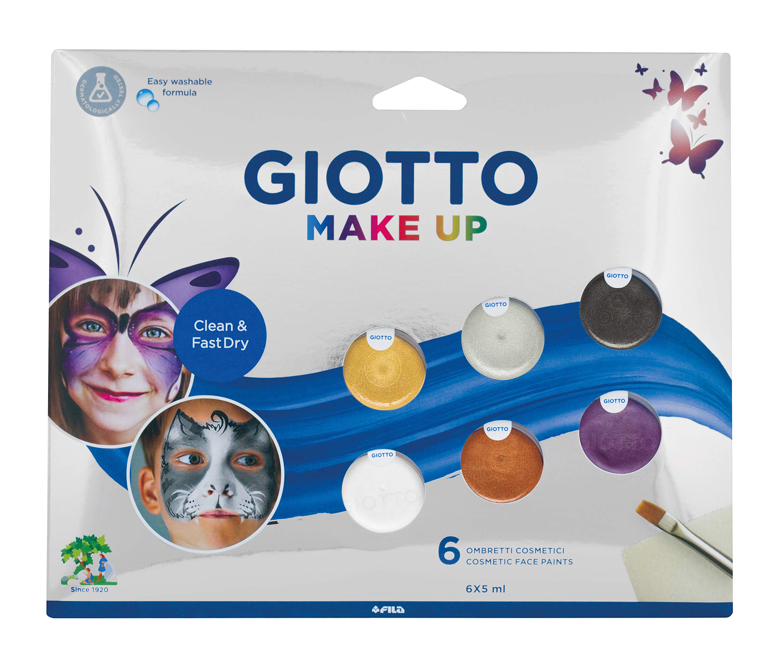 GIOTTO Metallic Make-up, Fast Dry Cosmetic Face Paints, Easy Washable from Skin, 6 x 5ml Assorted Colours, Includes Brush and Sponge, For Children and Parties