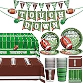Football Party Decorations - 100 Pcs Party Supplies Serve 24, Touch Down Banner, Plates, Tablecloth, Cup and Napkins for Birthday, Game Day and Tailgate Party