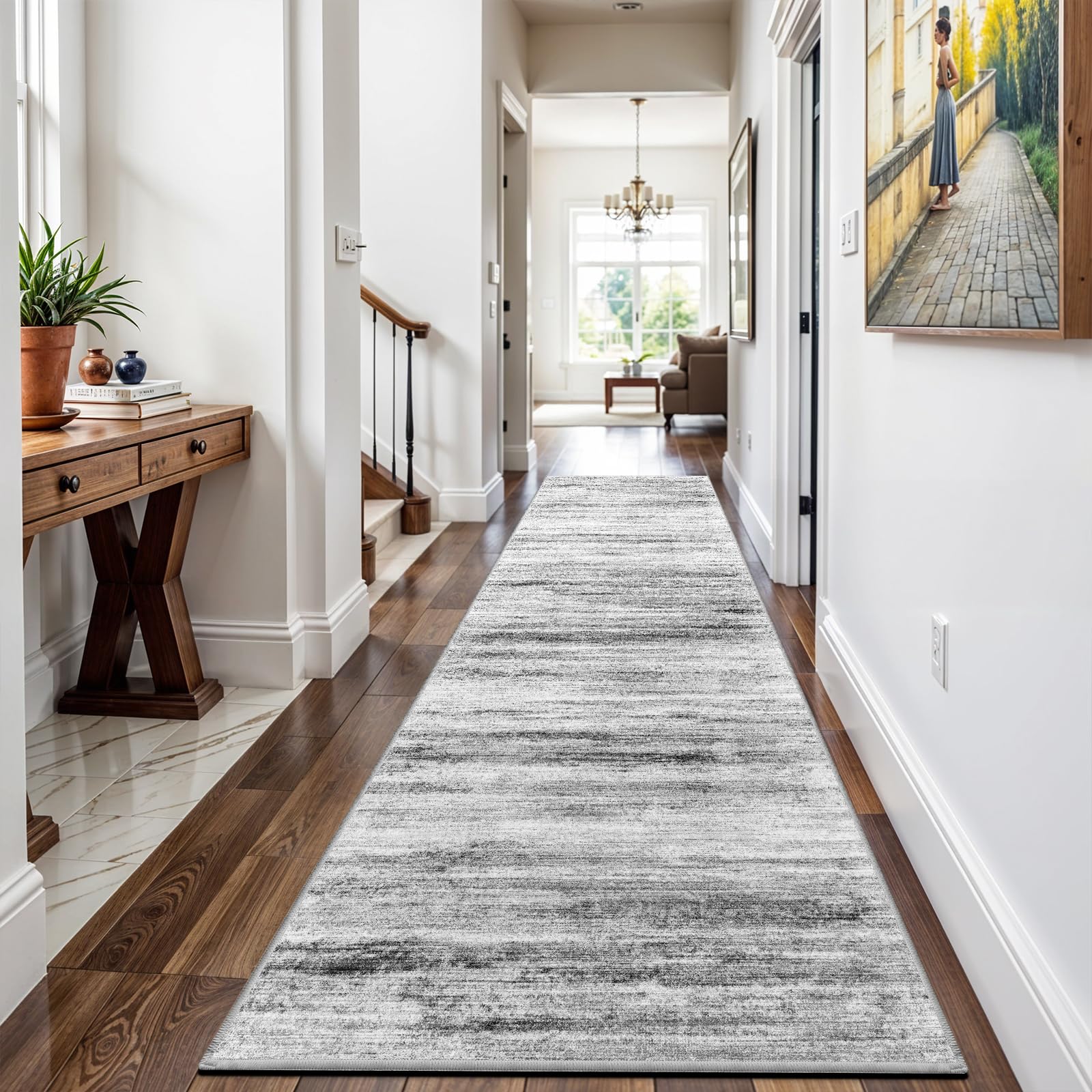 Photo 1 of 3x12 Washable Hallway Runner Rug: Extra Long Runners for Entryway Living Room Dining Room - Stain and Water Resistant Rugs with Non-Slip Backing - Soft Low-Pile Carpet 12ft Grey