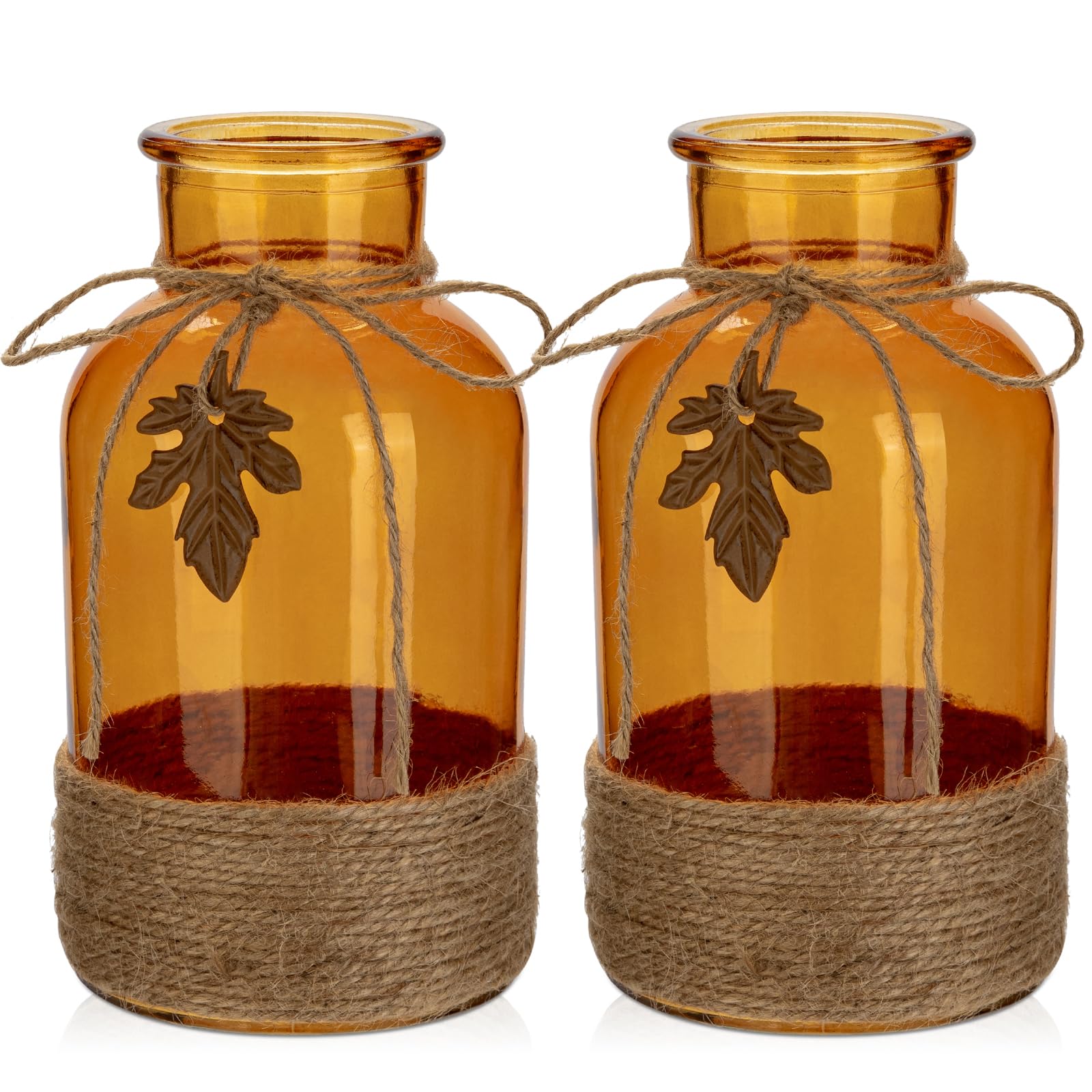 Briful 20cm Tall Glass Flower Vases Wrapped with Jute Rope, 2 PCS Large Orange Glass Vase with Realistic Maple Leaf Crystal Vase for Flowers Bud Vase for Table Decoration