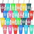 SiliFine 24-Pack Bee Theme Plastic Cups With Lids & Straws - 13.5oz Clear Reusable Party Cups