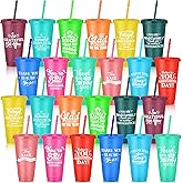 SiliFine 24 Pcs Employee Appreciation Gifts Thank You Cups Bulk with Lids and Straws 24 oz Inspirational Plastic Tumblers Glitter Drinking Coffee Mugs for Coworker Staff Gifts (Considerate)