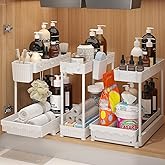 Sevenblue 3 Pack Multi-Purpose Under Sink Organizers and Storage, 2026 L-Shaped Pull Out Cabinet Organizer for Bathroom & Kitchen, Under Cabinet Organizer with Hooks Hanging Cup, White, 14.85 inch