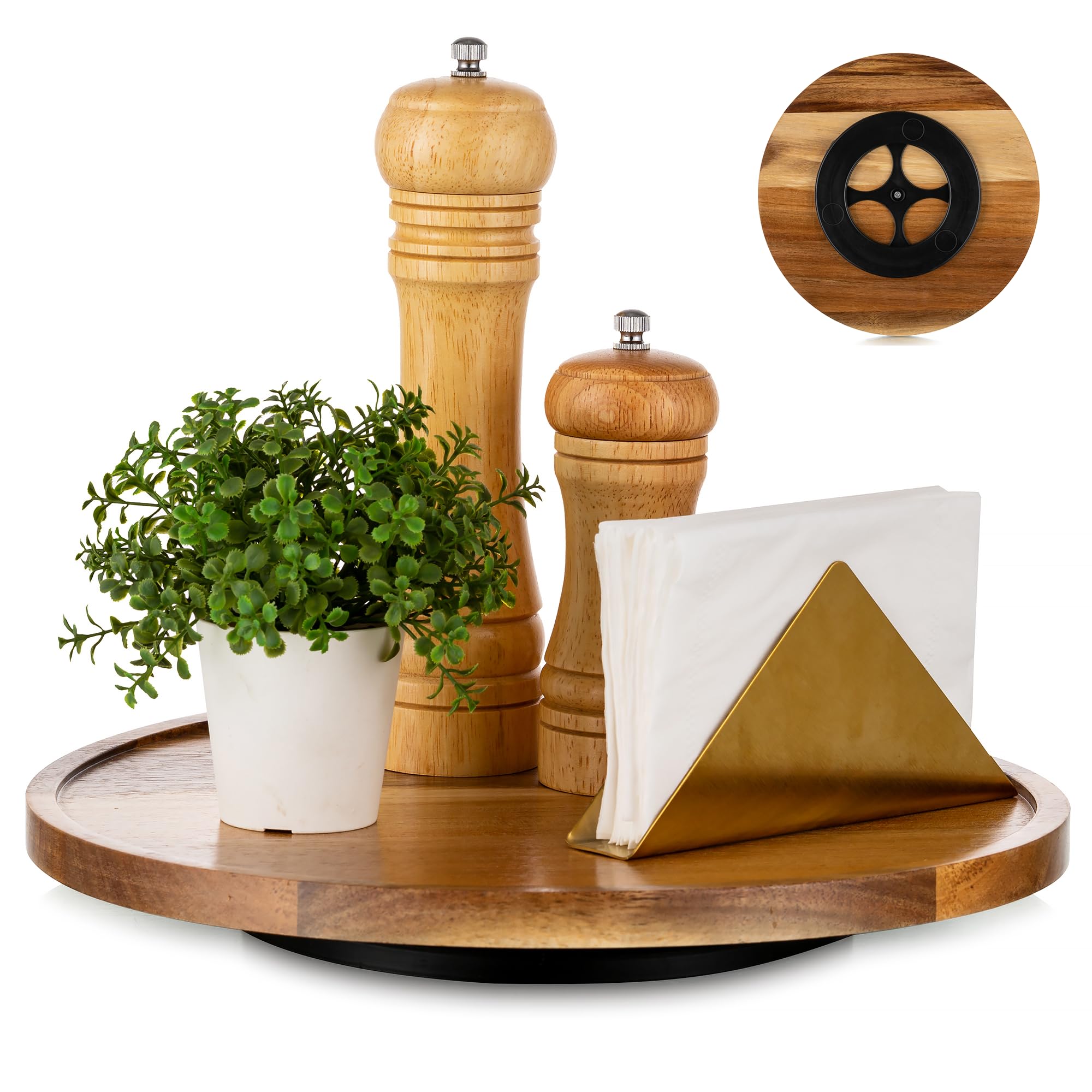 Hanobe Round Wood Lazy Susan: 30cm Acacia Wooden Turntable Decorative Coffee Table Tray Centerpiece Decor Kitchen Organizer for Cabinet Counter