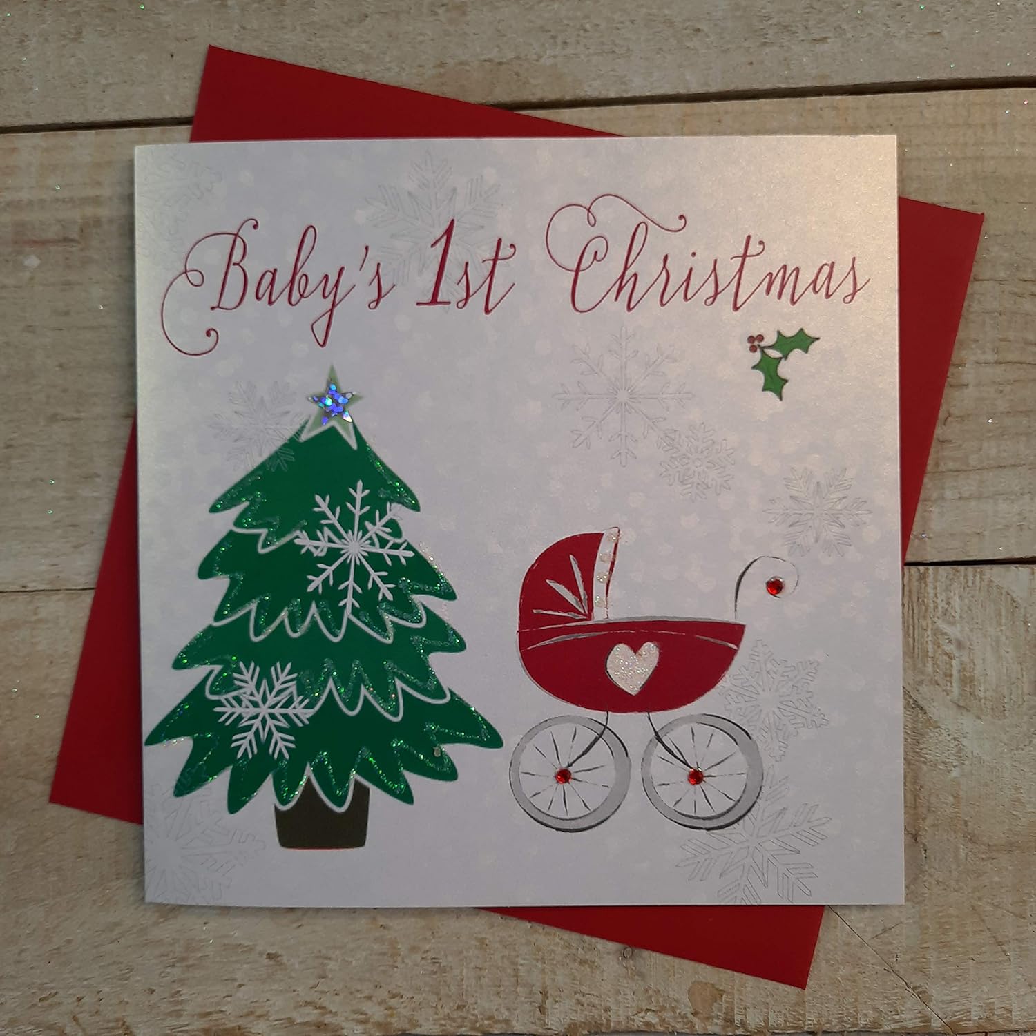 White Cotton Cards Baby's First Handmade Christmas Card (Tree & Pram Code cb40), 16cm x 16cm