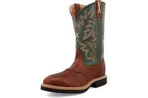 Twisted X Men's 12" Western Work Boot, Round Toe Steel Toe, Cognac Glazed Pebble & Dark Green, 11 D