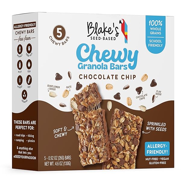 BLAKE’S SEED BASED CHEWY GRANOLA BARS — CHOCOLATE CHIP (5 COUNT), VEGAN, GLUTEN FREE, NUT FREE & DAIRY FREE, HEALTHY SNACKS FOR KIDS OR ADULTS, SCHOOL SAFE, LOW CALORIE SOY FREE SNACK