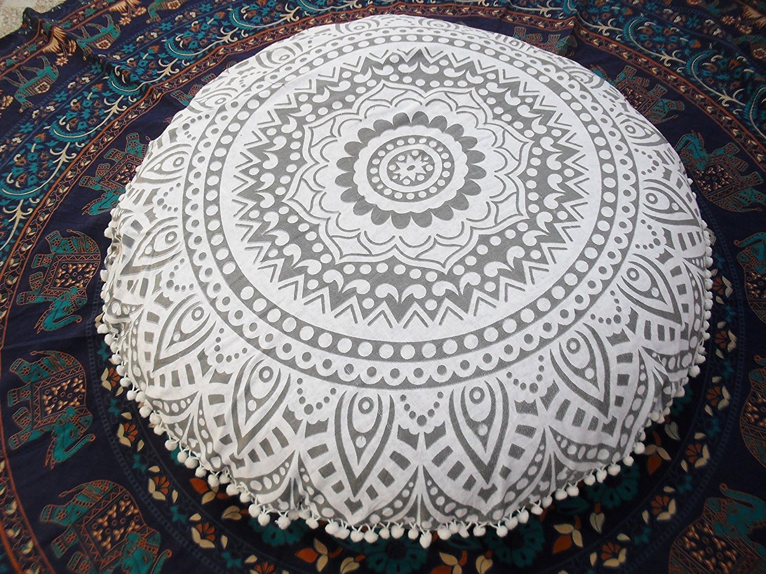 AAKARSHAN 32" Mandala Floor Pillow Cushion Seating Throw Cover Hippie Decorative Gray Black