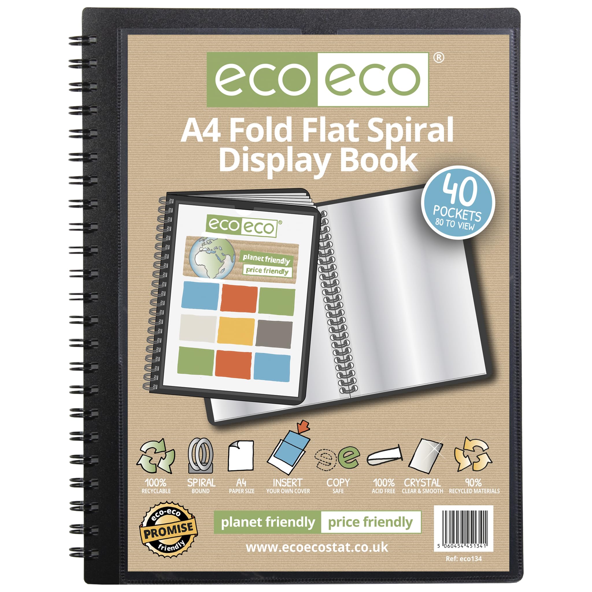 eco-eco A4 50% Recycled 40 Pocket Fold Flat Spiral Bound Display Book, eco134