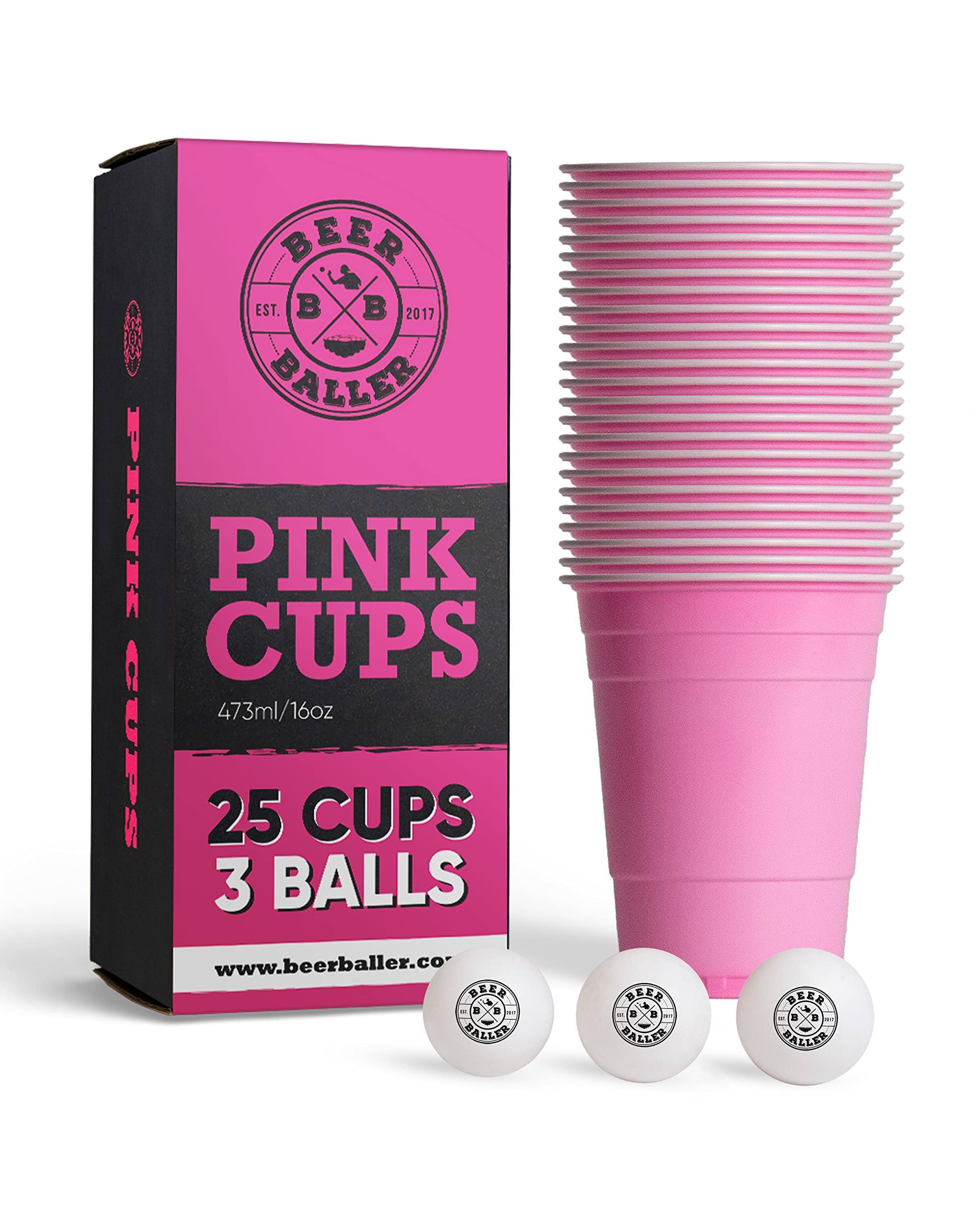 BeerBaller Pink Beer Pong Cups - 25 Pink Cups & 3 Balls | Dishwasher Safe & Reusable | 16oz (473ml) | Beer Pong Set