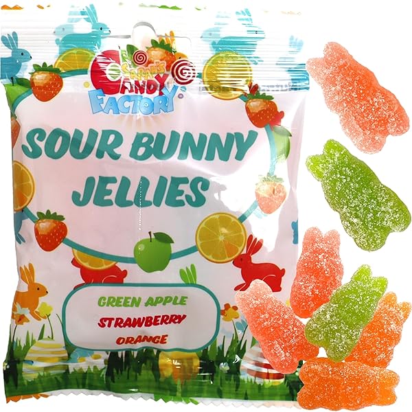 SARAH’S CANDY FACTORY MIX SOUR BUNNY JELLY GUMMY CANDY, 1 OZ (48 PACK) SINGLE SERVE SNACK PACKS, FUN IN EVERY 1 OZ BAG, GREEN APPLE, STRAWBERRY AND ORANGE FLAVOR
