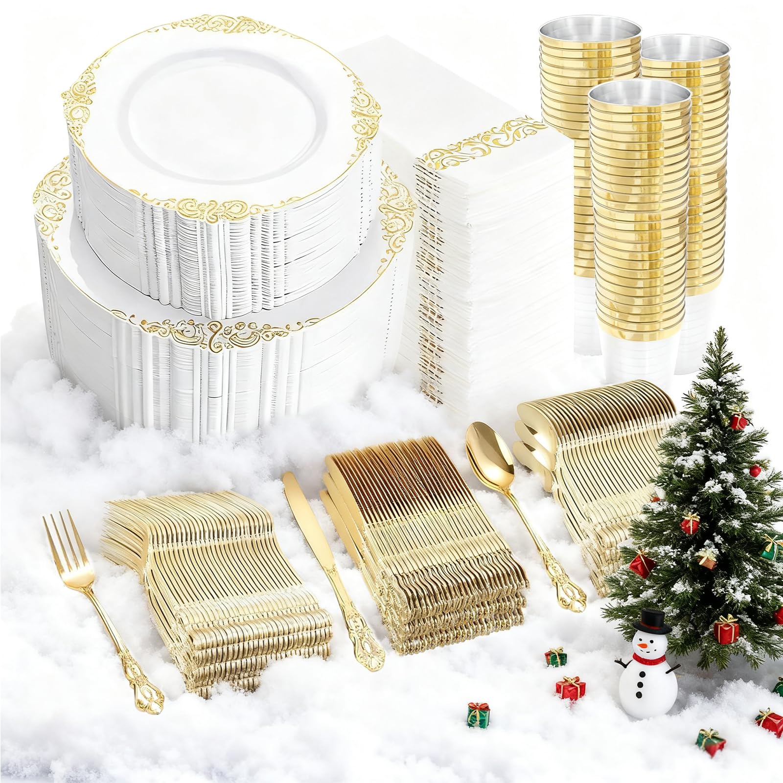 Photo 1 of YOUBET 700PCS Gold Plastic Dinnerware Set - White and Gold Disposable Plates for 100 Guest - 200 Disposable Plates, 300 Heavy Duty Plastic Silverware, 100 Cups,100 Napkins for Wedding Christmas