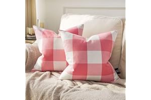 Phantoscope Pack of 2 Gingham Buffalo Check Plaid Throw Decorative Pillow Cover Outdoor Indoor Throw Pillows Farmhouse Square Pillow Cases for Home Decor Pink,18 x 18 Inches
