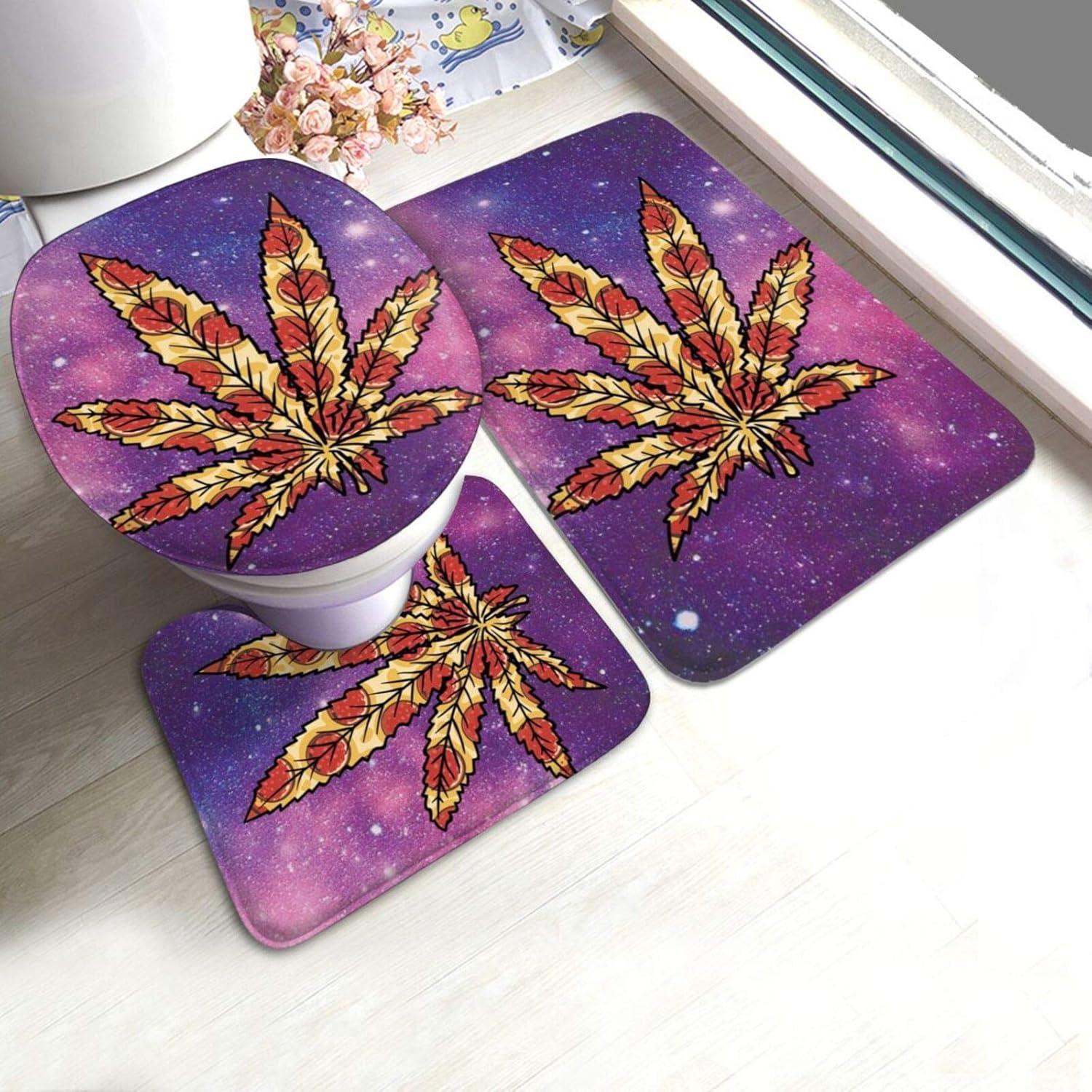 DPQZ Bathroom Rugs Sets 3 Piece Galaxy Pizza Cannabis