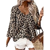 SweatyRocks Women's Leopard Print 3/4 Sleeve Top Tie Front V Neck Loose Lightweight Shirt Blouse