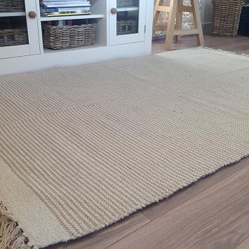 Petit Tapis En Coton Naturel Et Jute Motifs Rayures Beige Blanc 60 X 90 Cm