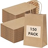 OUTUXED 150pcs Brown Paper Gift Bags, 8x4x10in Brown Kraft Paper Bags with Handles Bulk Medium Size for Retail, Shopping, Wedding, Favor, Birthday Party, Business, Grocery