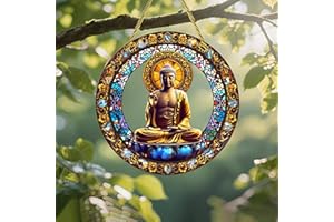 Colorful Acrylic Suncatcher, Meditating Buddha Stained Glass Frame 7-inch Hanging Window Wall Art Decor with Printed Stained 