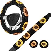 Crochet Steering Wheel Cover Set, Boho 14-15 in, Handmade Black Sunflower Granny Square Pattern Car Decor for Women, Hippie Accessories