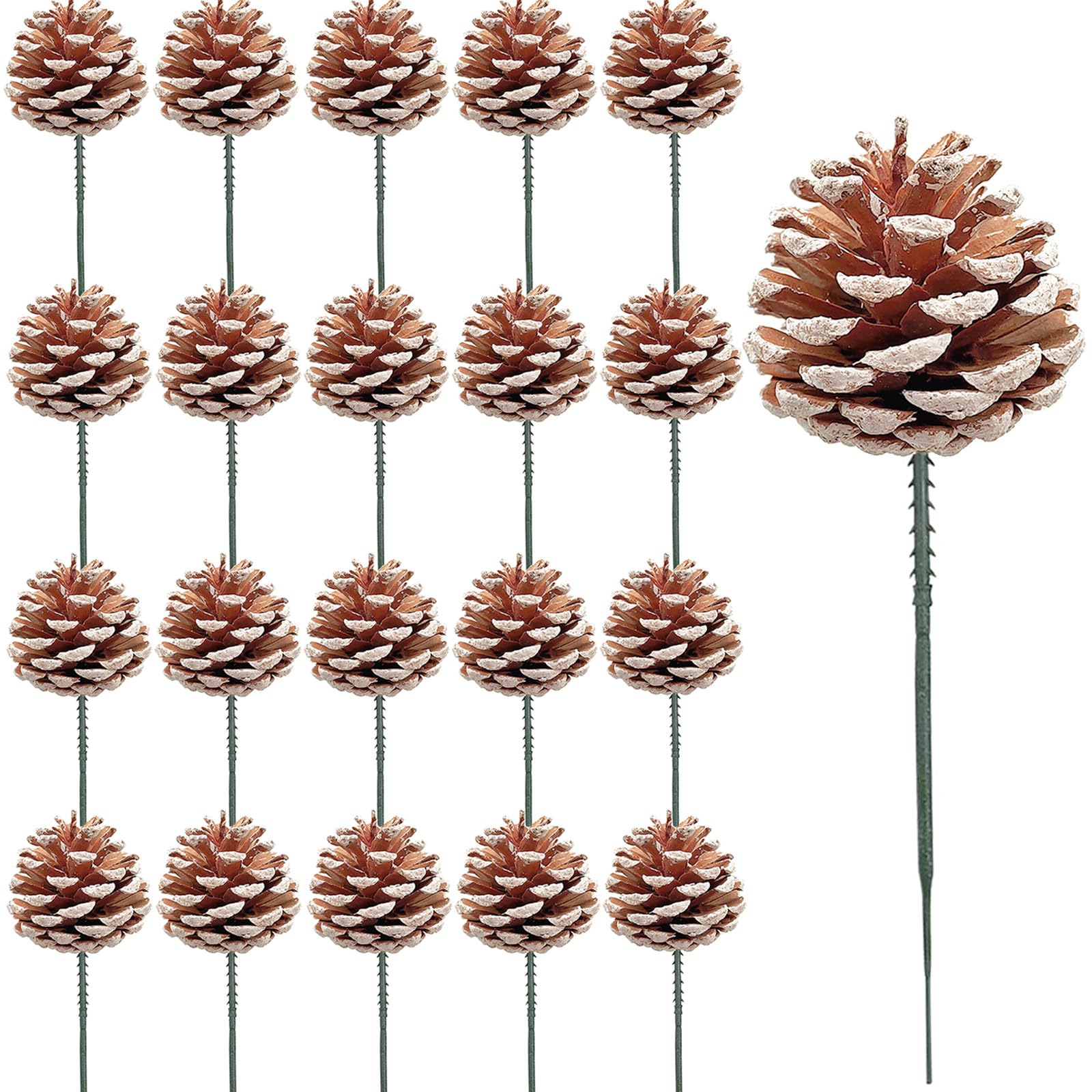 20Pcs 2 Inch Snow Tipped Natural Pine Cones, 5 Inch Green Pine Cone Sticks for Craft Garland Xmas Tree Decorations Wreath Ornaments Home Party Holiday Decor