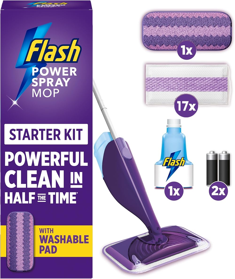 FLASH Power Spray Mop Floor Cleaner Starter Kit 1 Washable 17 Pads All-In-One