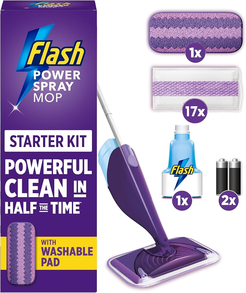 FLASH Power Spray Mop Floor Cleaner Starter Kit 1 Washable 17 Pads All-In-One